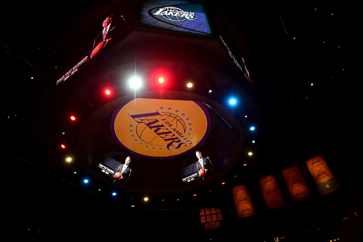 The Lakers logo on the Staples Center jumbotron.
