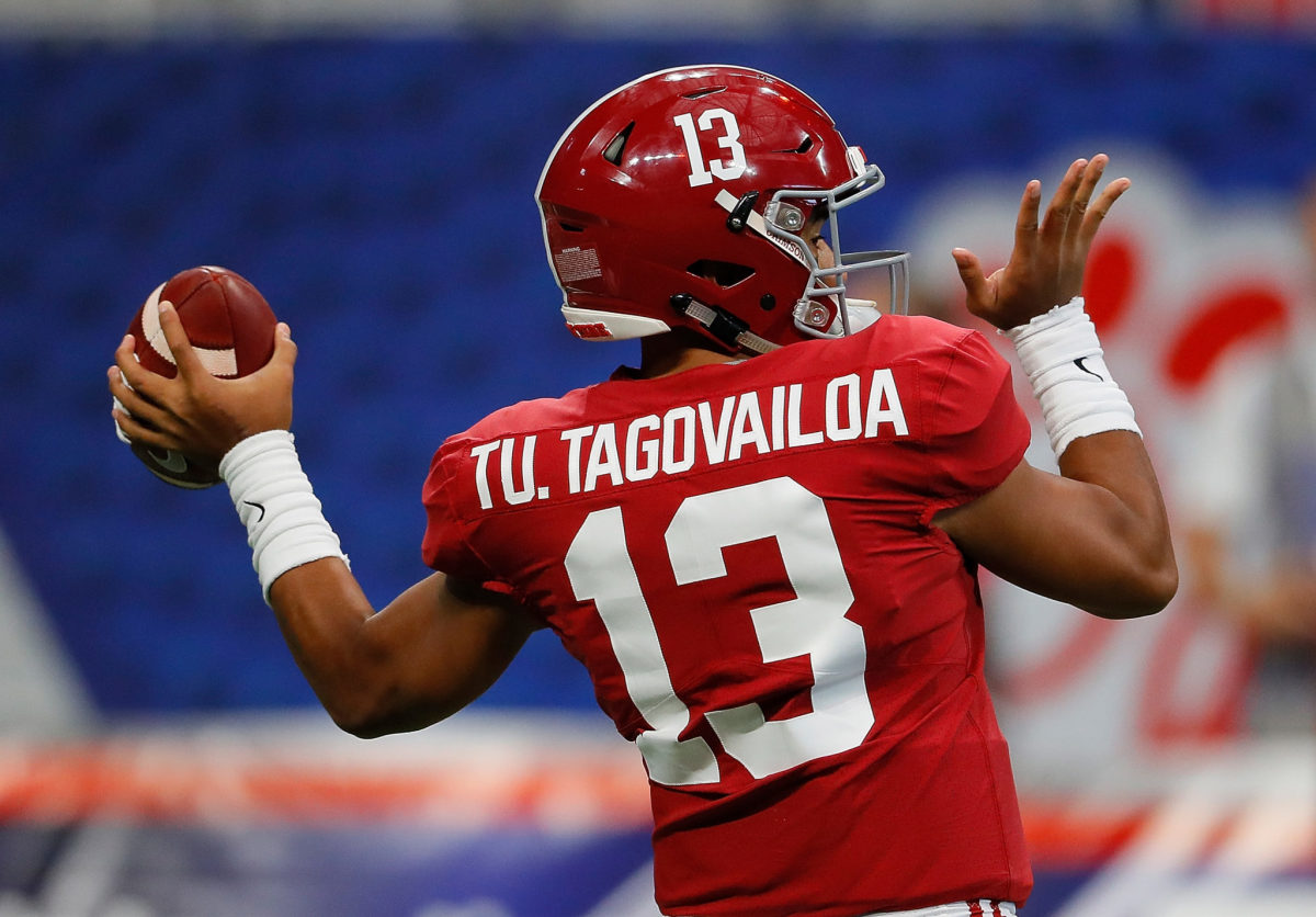 Alabama quarterback Tua Tagovailoa throws a pass against Duke.