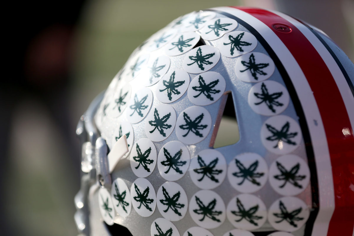 A closeup of an ohio state football helmet.