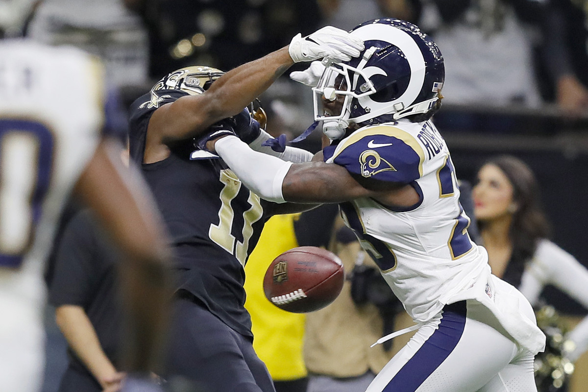 the controversial uncalled pass interference penalty for the hit on Tommylee Lewis during Los Angeles Rams vs. New Orleans Saints in 2018.
