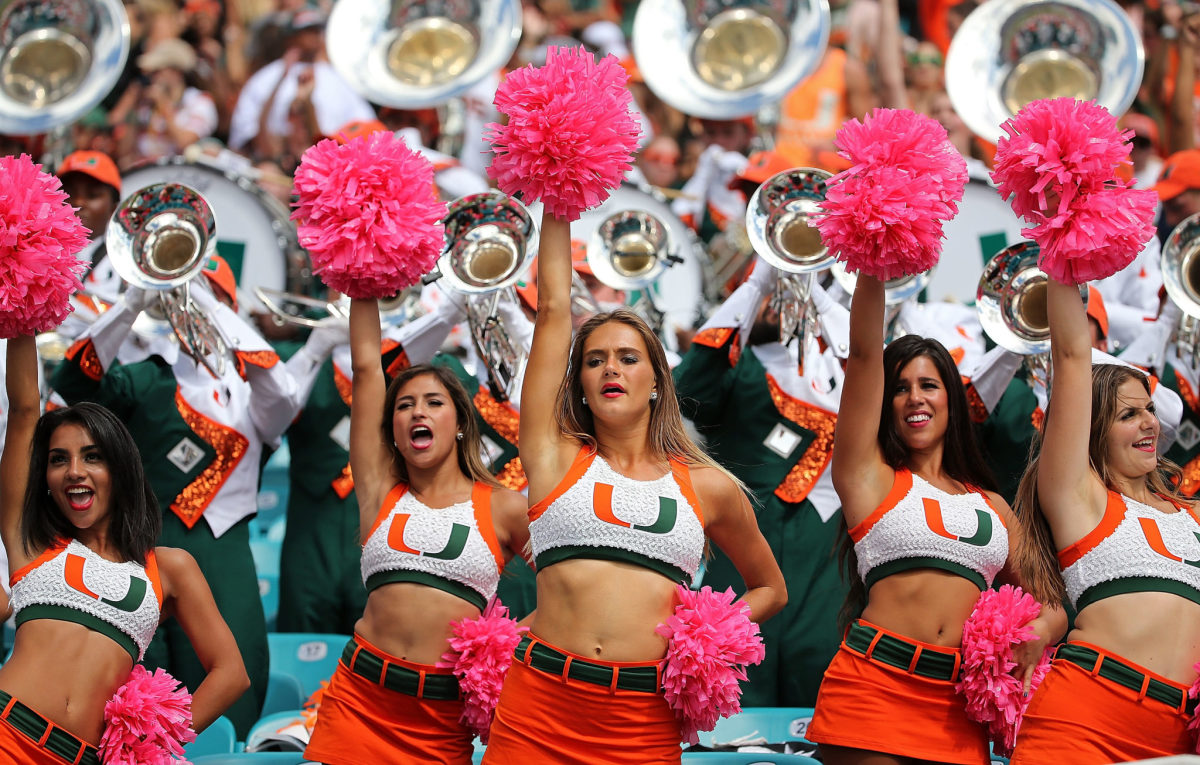 Miami Hurricanes cheerleaders performing during a game.