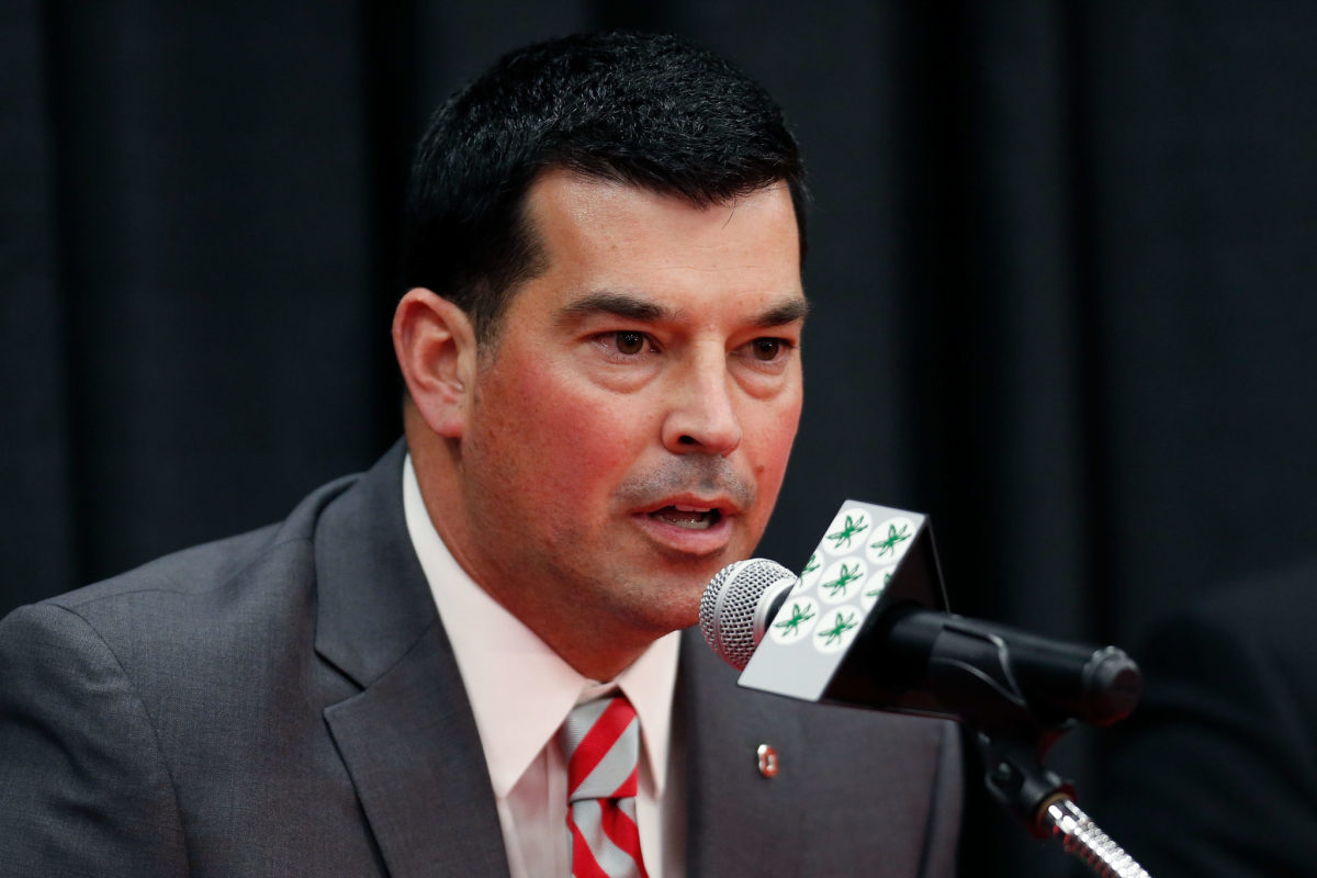A closeup of Ohio State football coach Ryan Day during an Ohio State football press conference during Big Ten Championship Week.