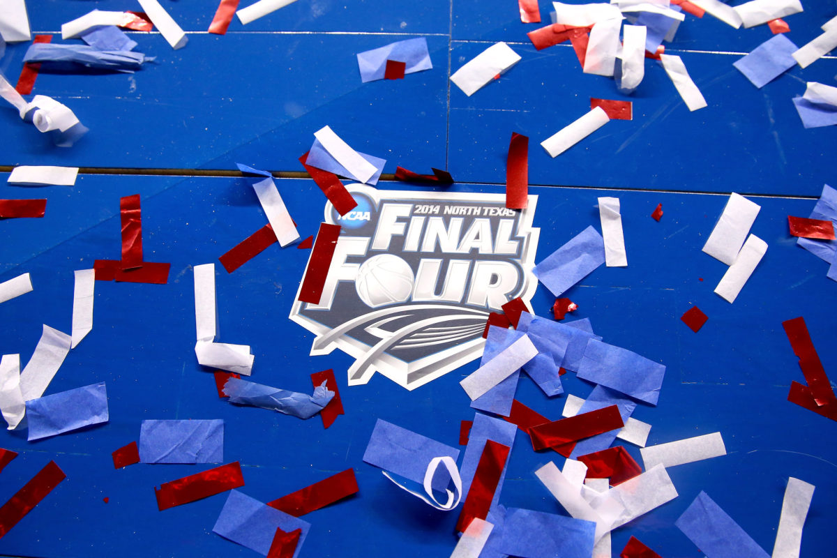 A Final Four logo on the court in Arlington.