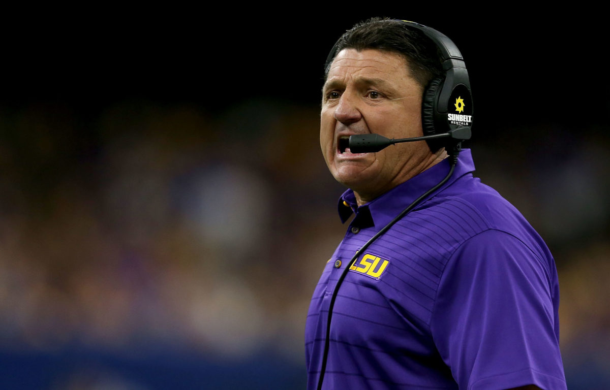Ed Orgeron shouts during a game against BYU.