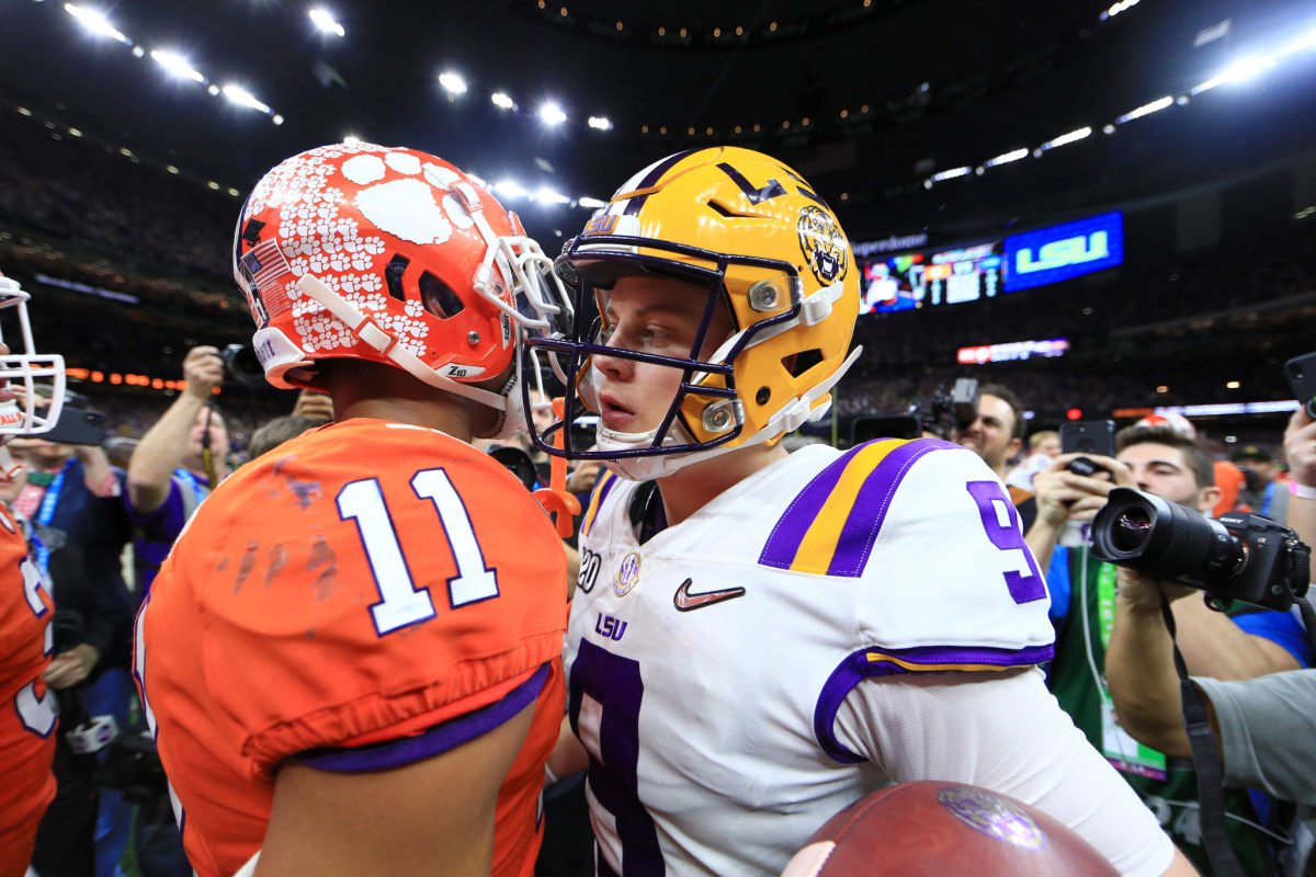 Isaiah Simmons and Joe Burrow meet after the college football title game.