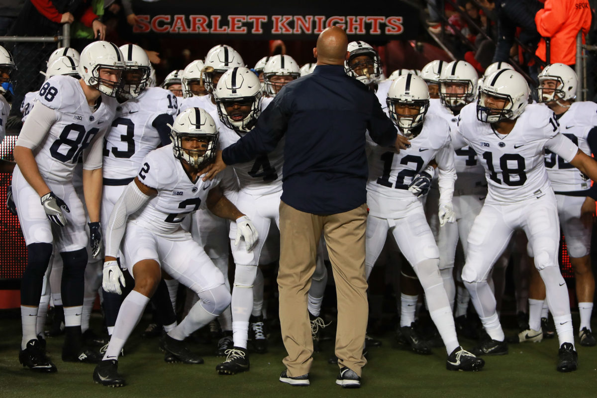 James Franklin rallies his team before a game.