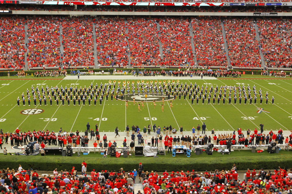 The Southern University Jaguars Human Jukebox Band performs at halftime of the game against the Georgia Bulldogs on September 26, 2015 at Sanford Stadium.