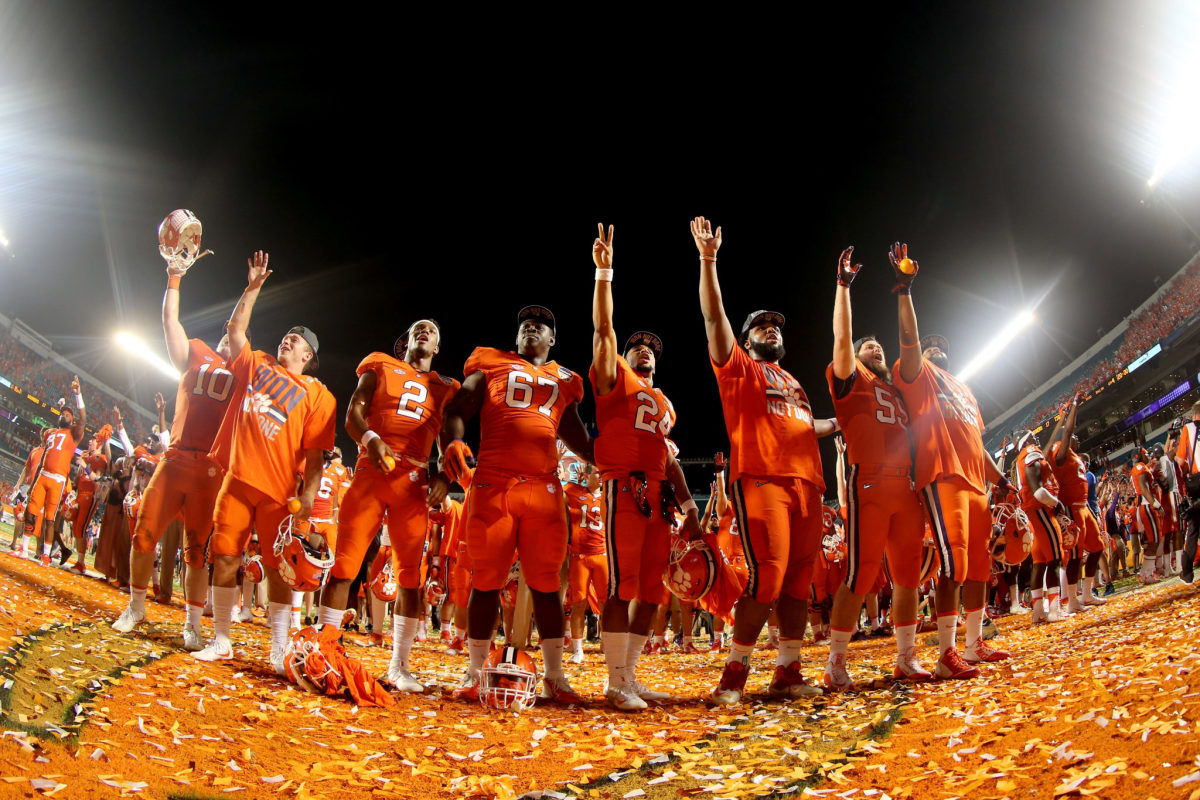 Clemson players celebrate beating Oklahoma in the Orange Bowl.