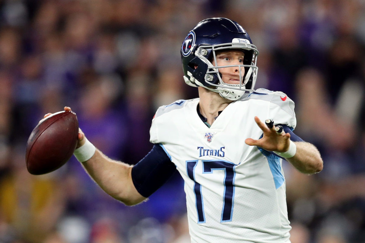 Tennessee Titans quarterback Ryan Tannehill throws a pass in the NFL Playoffs win over the Ravens.