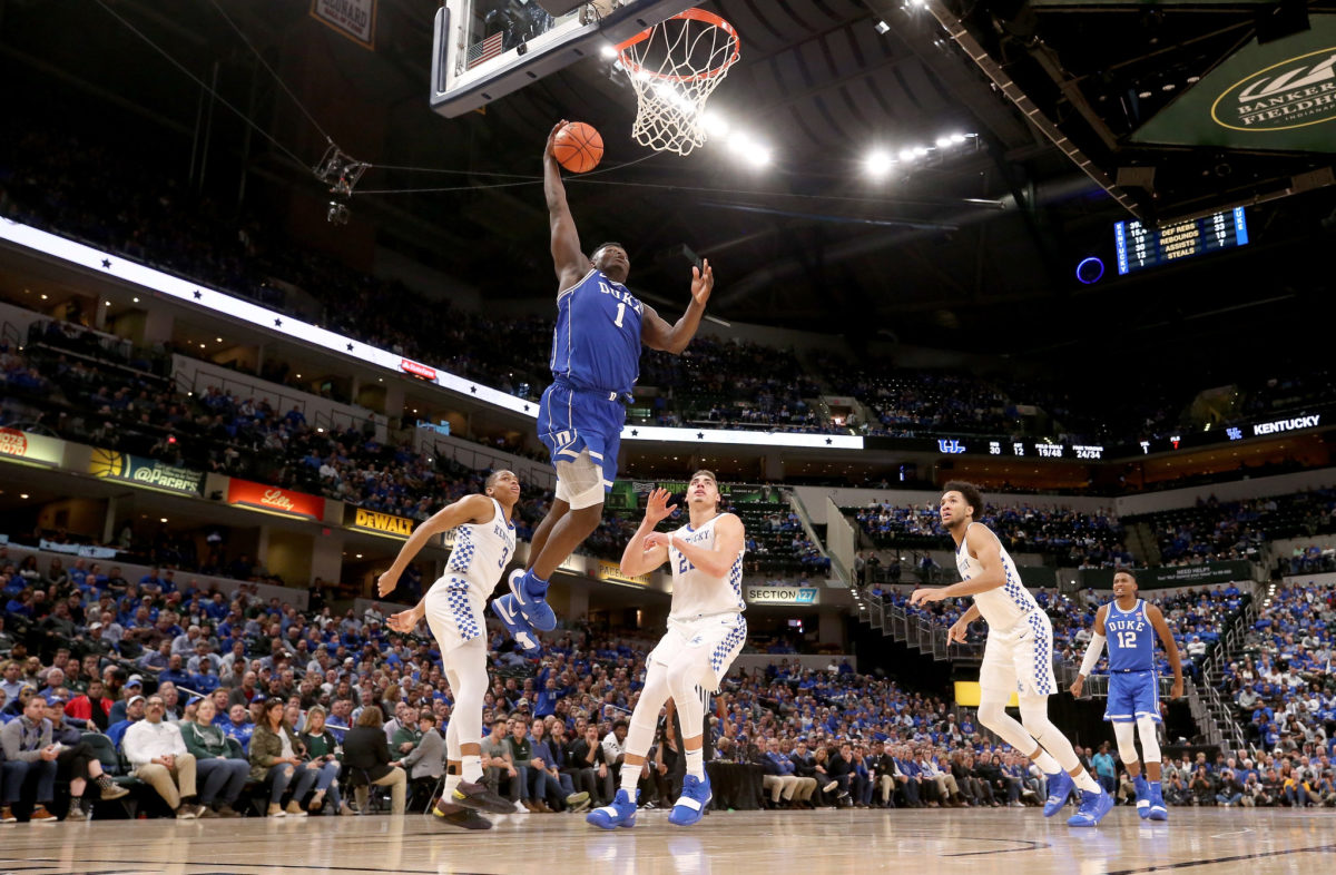 Zion Williamson goes up for a dunk during Duke's win over Kentucky.