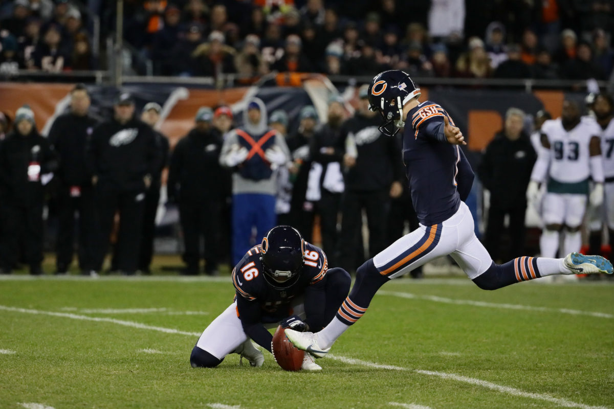 cody parkey attempts a kick against the eagles