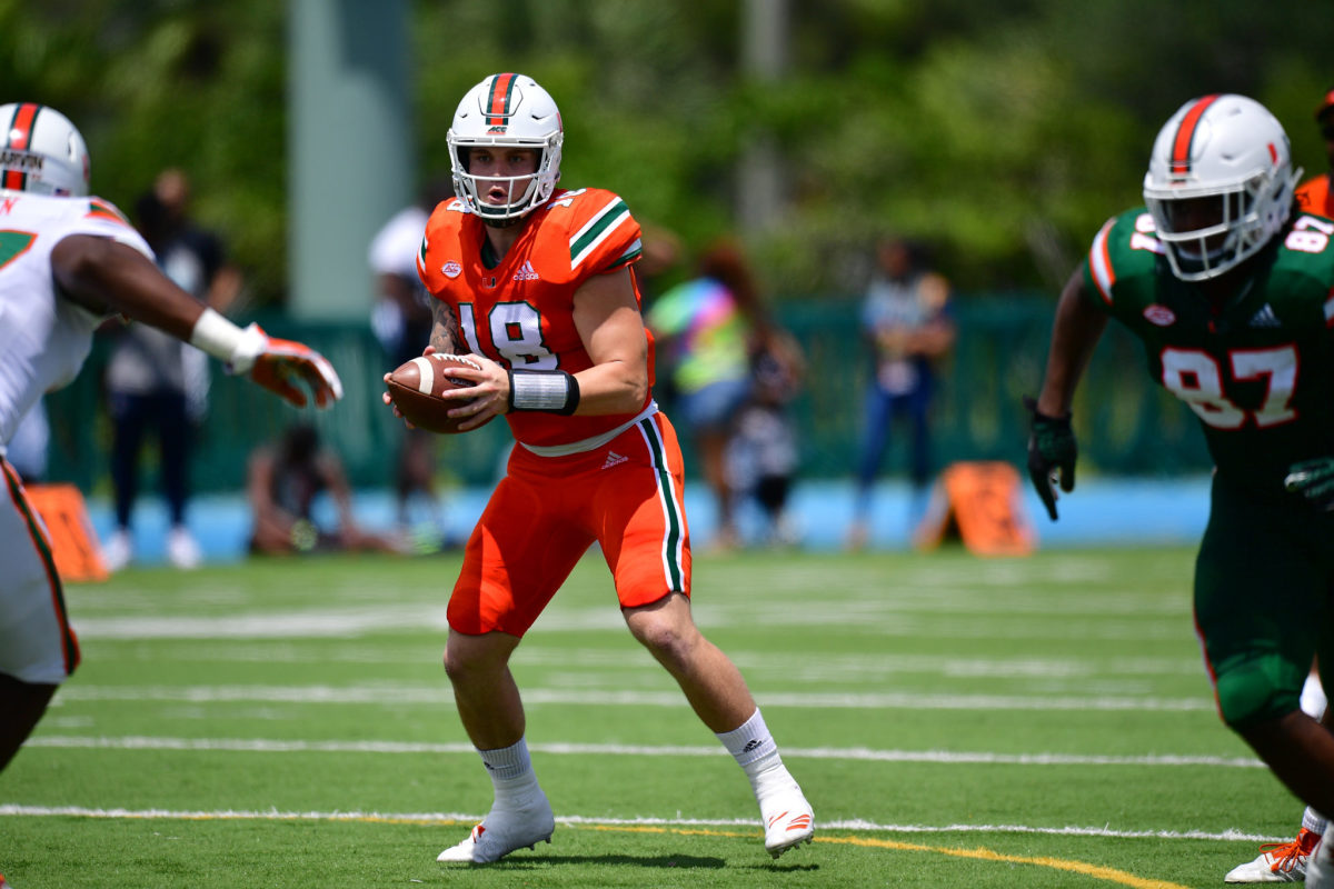 Tate Martell performs drills for Miami during Spring Game.