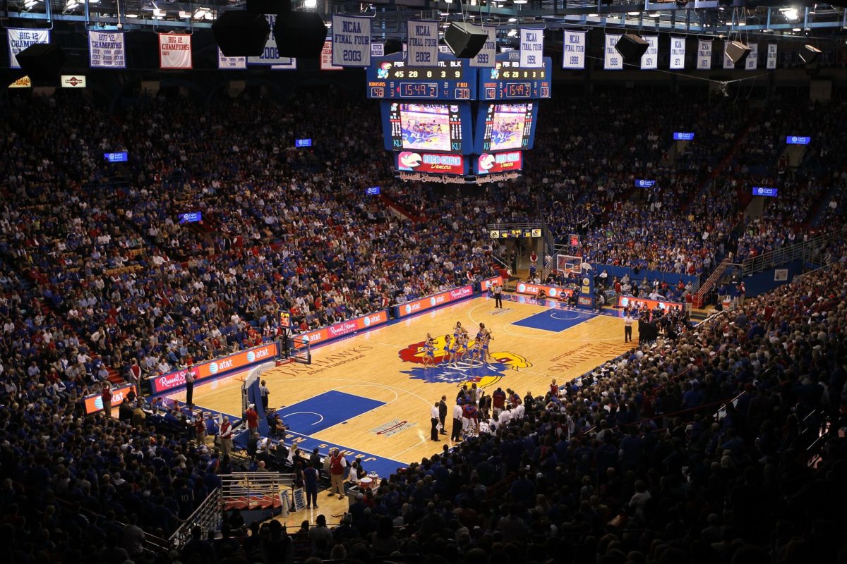 A general view of the Kansas Jayhawks basketball court.