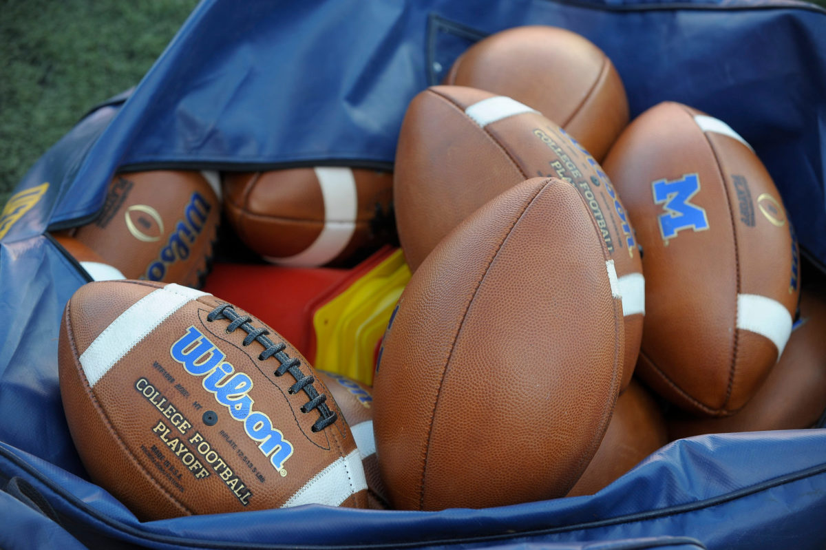 A bag of footballs with the Michigan logo on them.