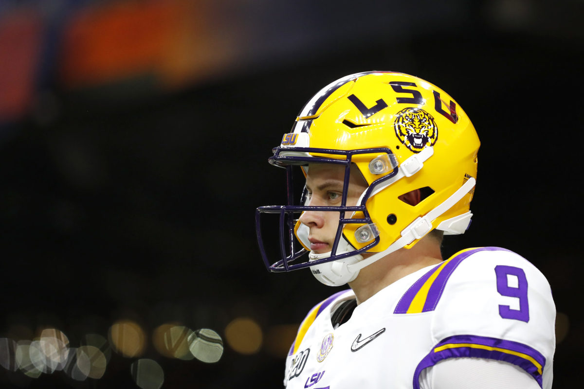 Joe Burrow warms up before the national title game in New Orleans.