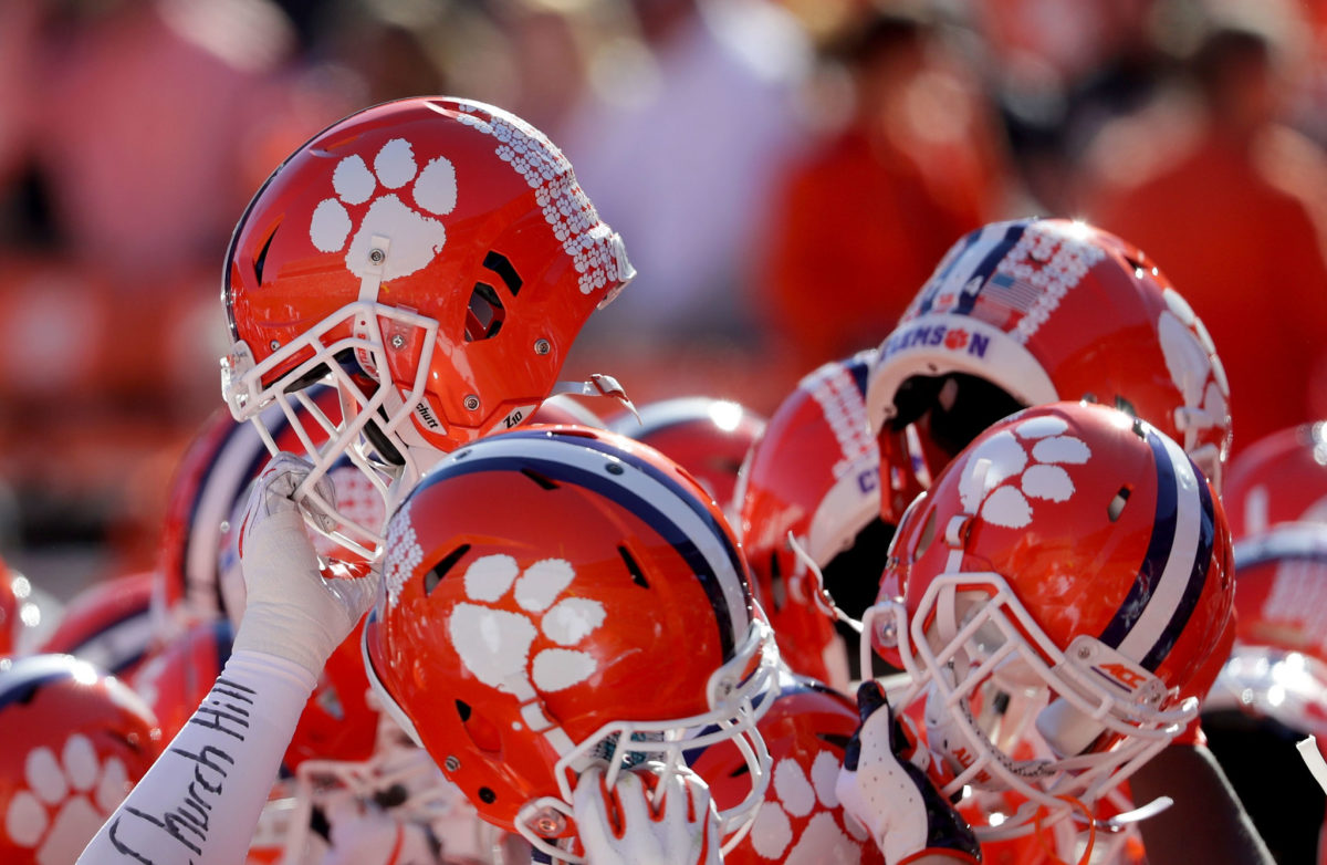 View of helmets of the Clemson football team.