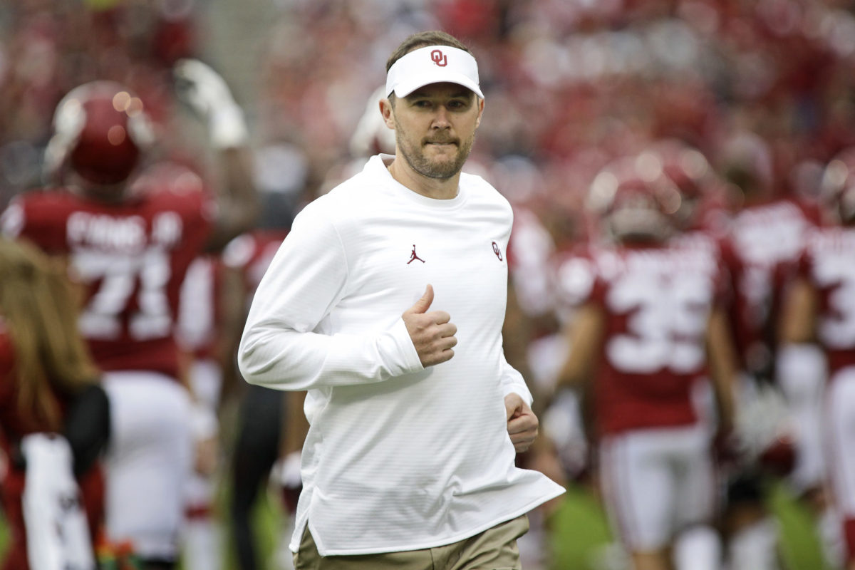 A closeup of Lincoln Riley during an Oklahoma Sooners game.