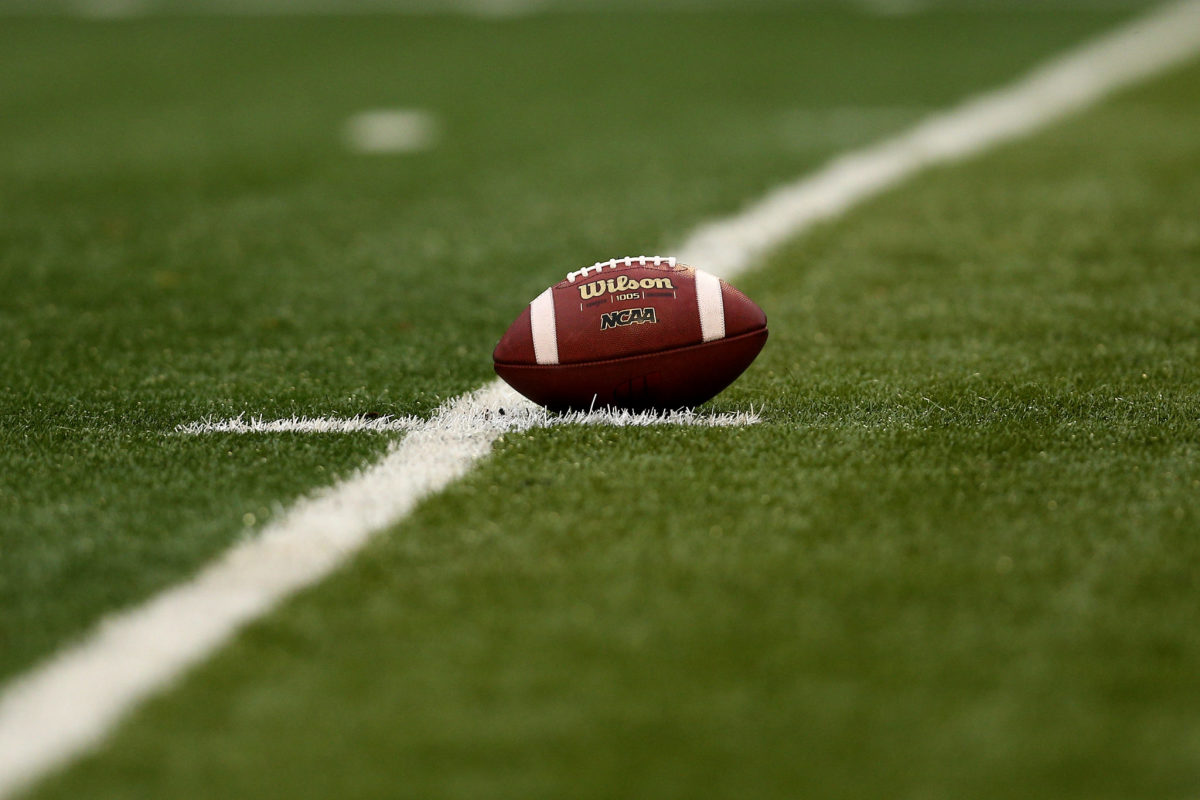 A long-shot of a Wilson NCAA football at Byrd Stadium.