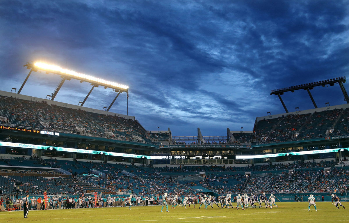 A field level view of the Miami Dolphins stadium.