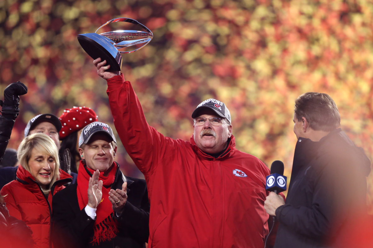 Andy Reid celebrates the AFC Championship Game win.