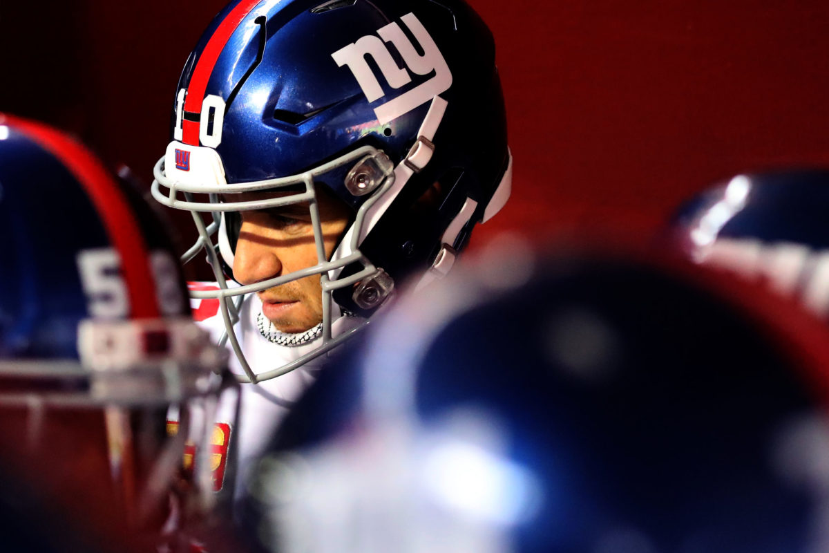 A closeup of Eli Manning prior to the Giants taking the field.