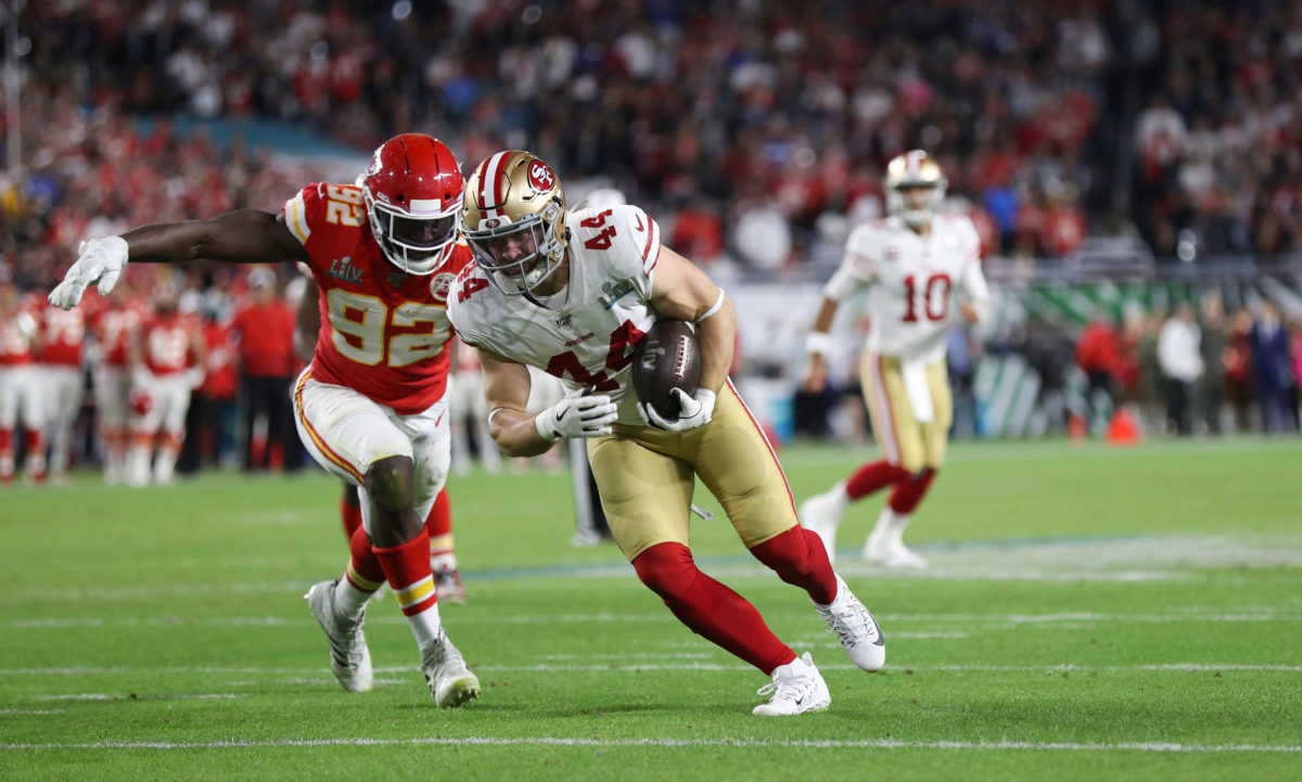 San Francisco 49ers Kyle Juszczyk moves the ball against the Kansas City Chiefs in Super Bowl LIV.
