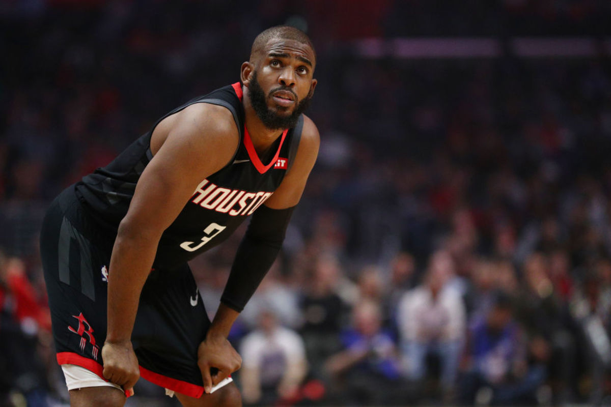 A closeup of Chris Paul during a Houston Rockets game.