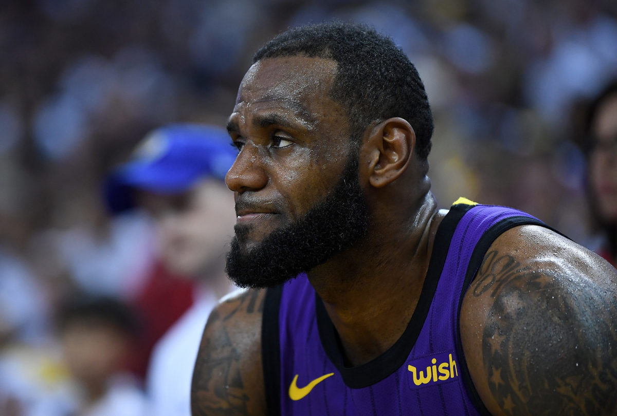 lebron james looks onto the floor during a game