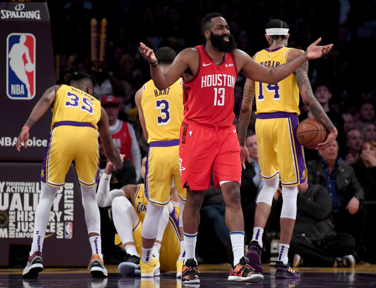 James Harden reacting to a call during a game.