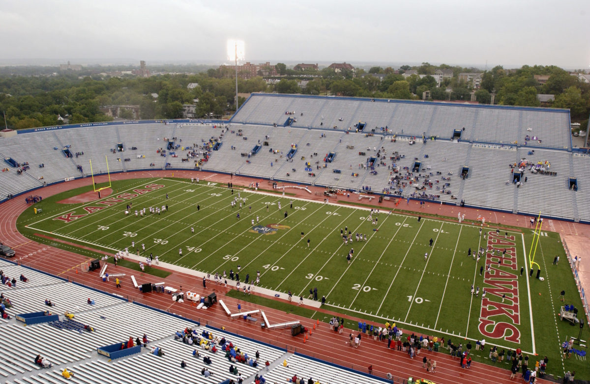 Memorial Stadium empties after the game between the University of Kansas Jayhawks and the Northwestern University Wildcats.