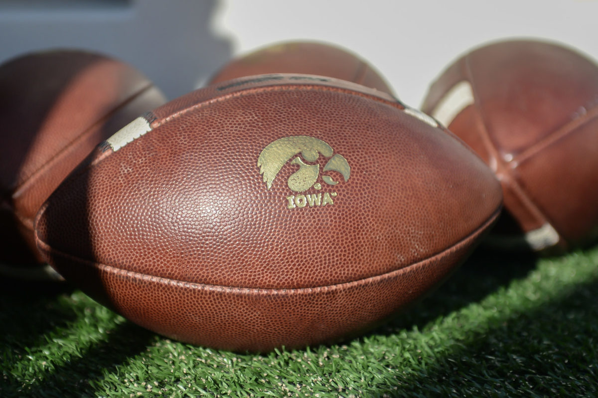 Close-up view of Iowa footballs.