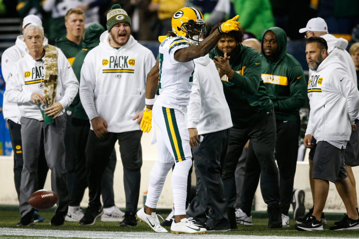 Green Bay Packers WR Davante Adams celebrating a Green Bay Packers first down.