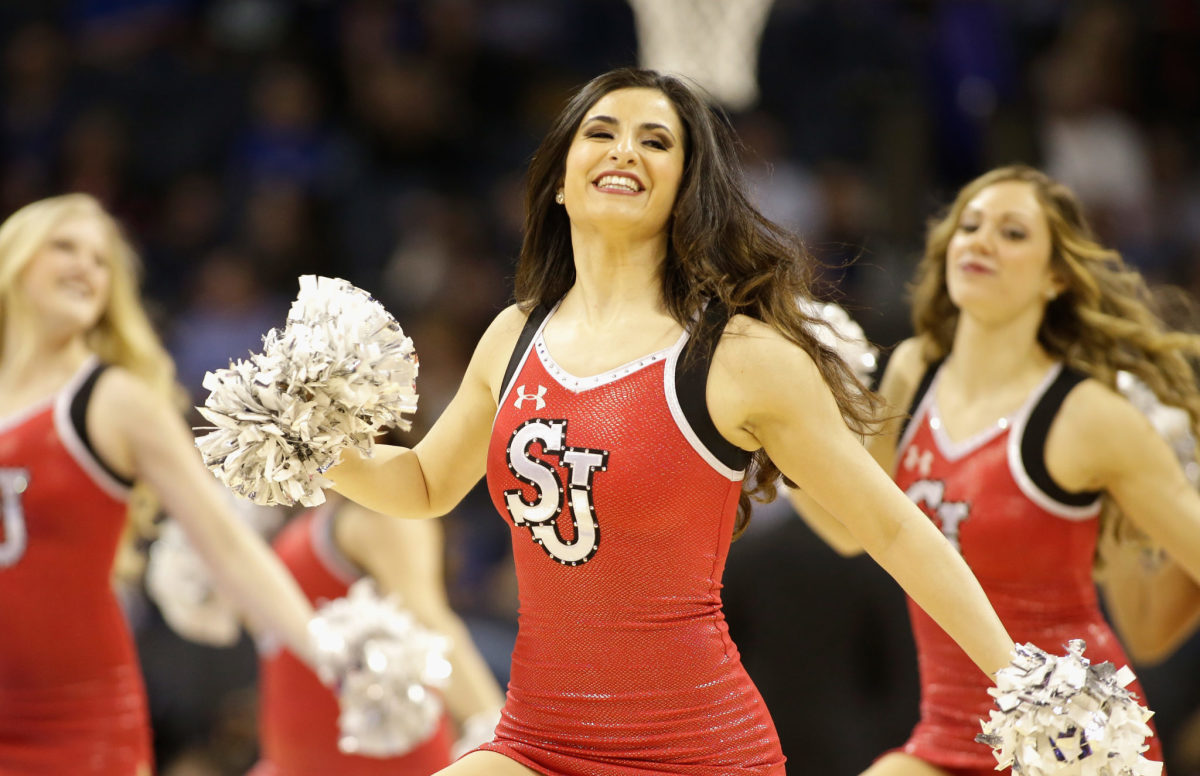 St. Johns cheerleaders performing during a game.