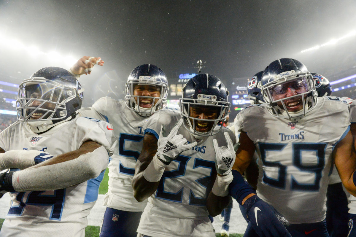 Kevin Byard, Logan Ryan and Titans celebrate a play against the Patriots.