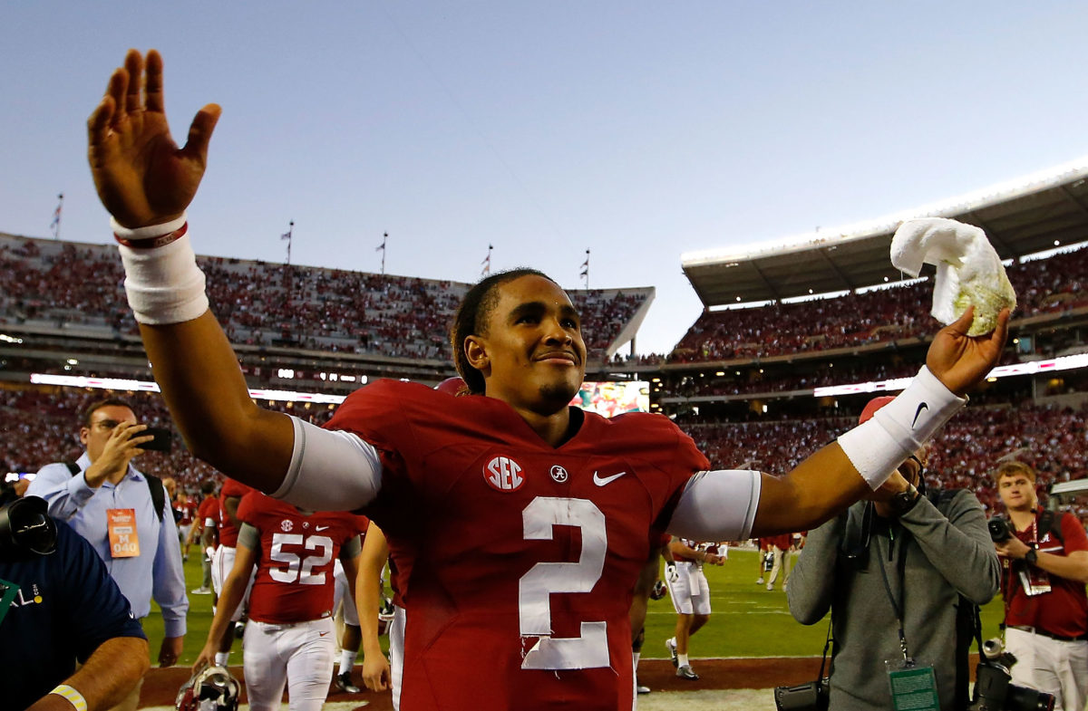 Jalen Hurts of the Alabama Crimson Tide reacts after their 33-14 win over the Texas A&M Aggies at Bryant-Denny Stadium.