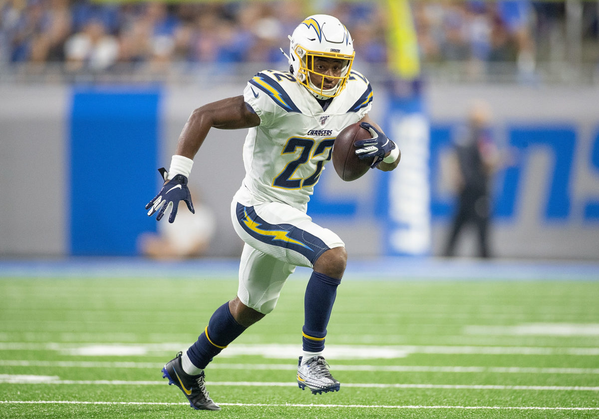 Justin Jackson of the Los Angeles Chargers carries the ball.