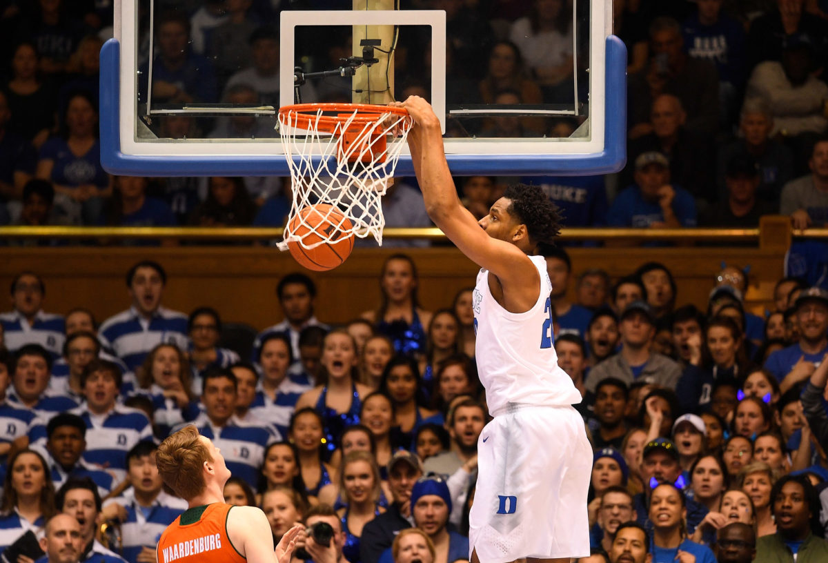 Marques Bolden dunks the ball in a game for Duke.