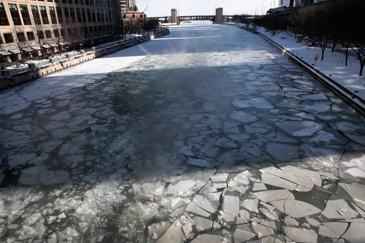 The Chicago River covered in ice.