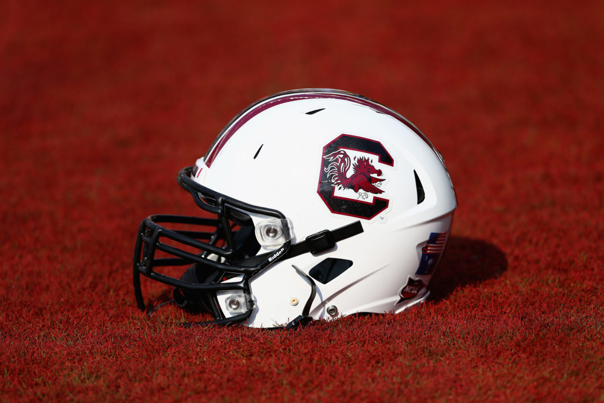 A closeup of a South Carolina football Gamecocks helmet.