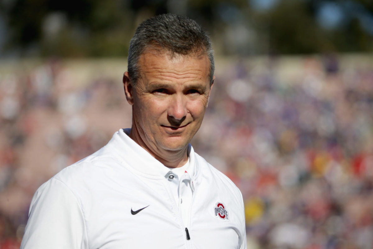 A closeup of Urban Meyer during an Ohio State football game.