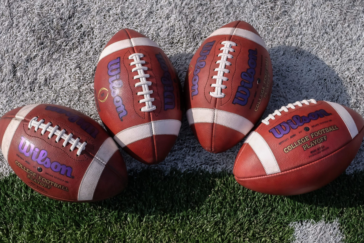 A medium-shot of footballs used by Northwestern and Nebraska.