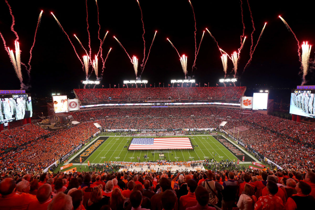 A general view during the national anthem prior to the 2017 College Football Playoff National Championship Game between the Alabama Crimson Tide and the Clemson Tigers.