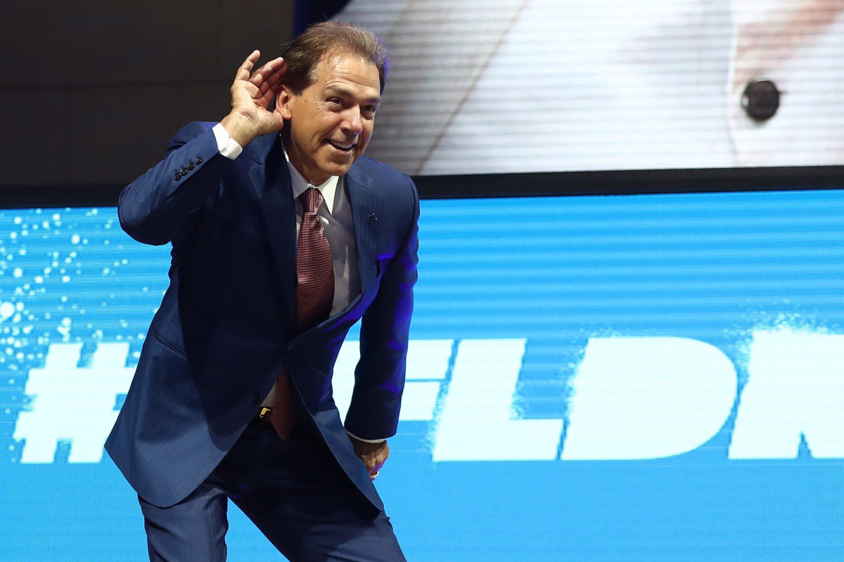 Nick Saban, head football coach at the University of Alabama, poses on stage prior to the first round of the 2017 NFL Draft.