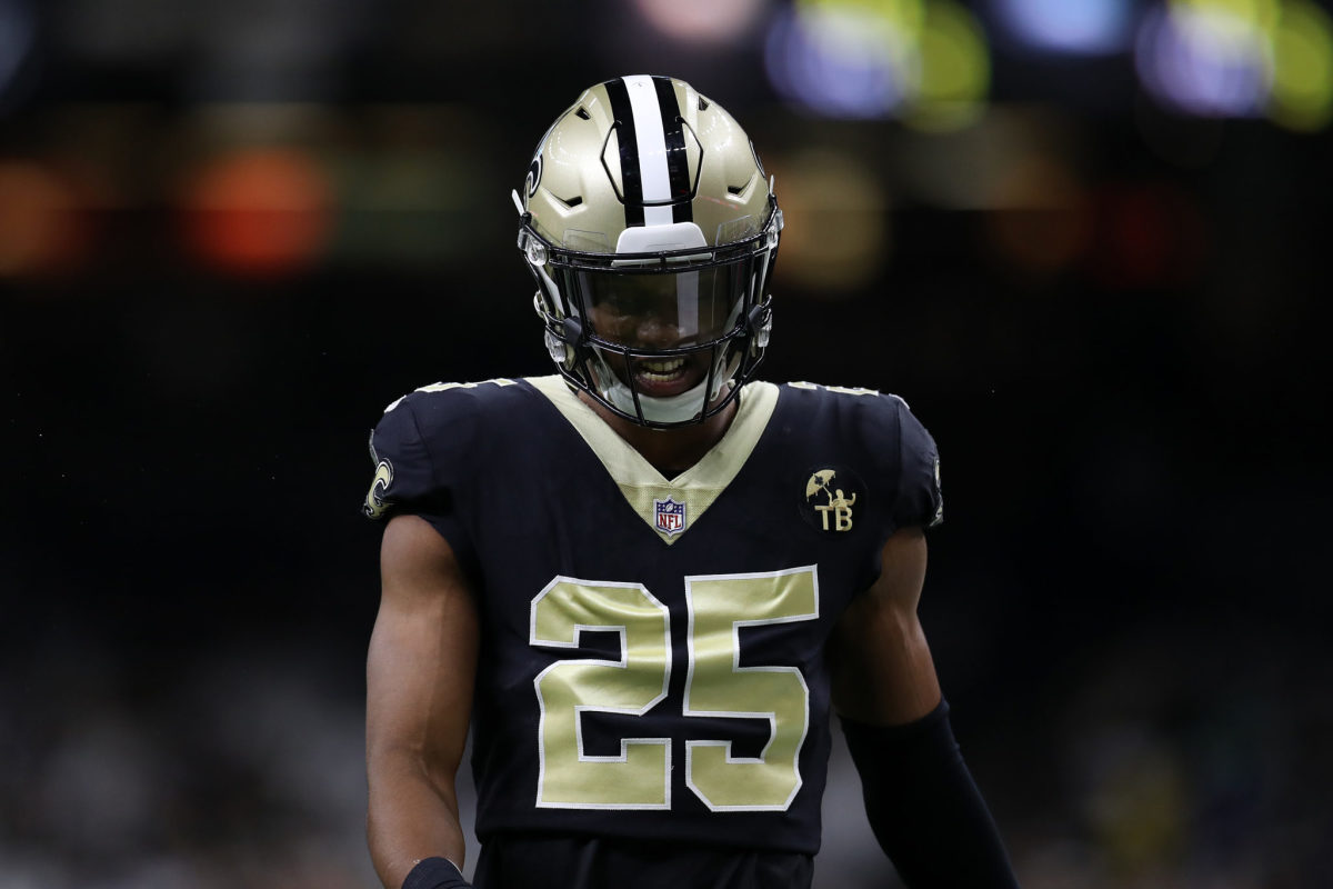 A closeup of Eli Apple on the field during a Saints game.