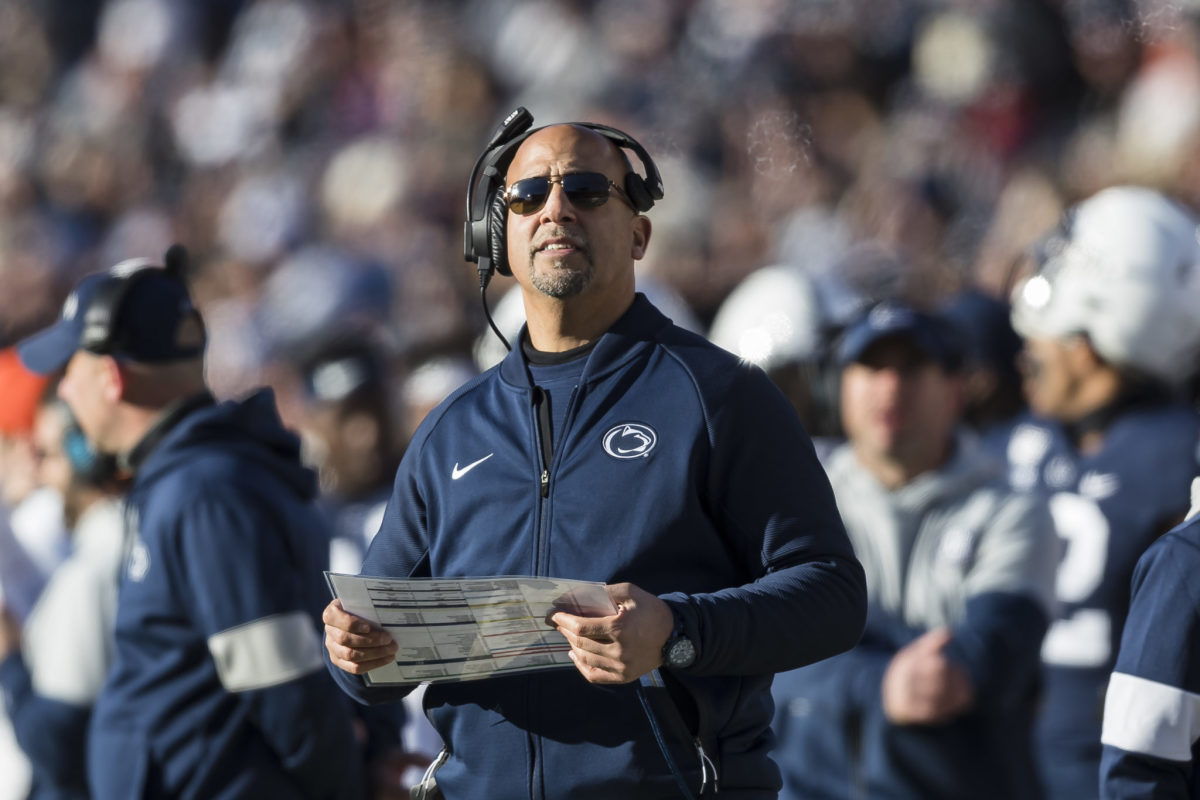 Penn State head coach James Franklin on the sideline during a game.
