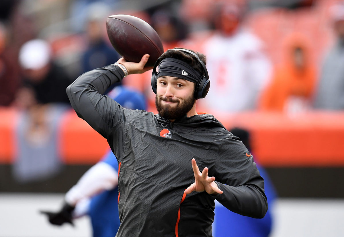Cleveland Browns QB Baker Mayfield throwing the football in warmups.