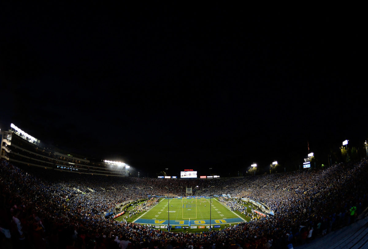 General view of the opening play between the USC Trojans and the UCLA Bruins at the Rose Bowl.