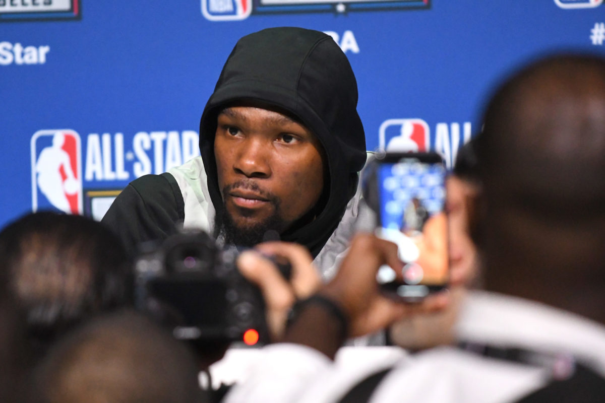 Kevin Durant addressing the media.