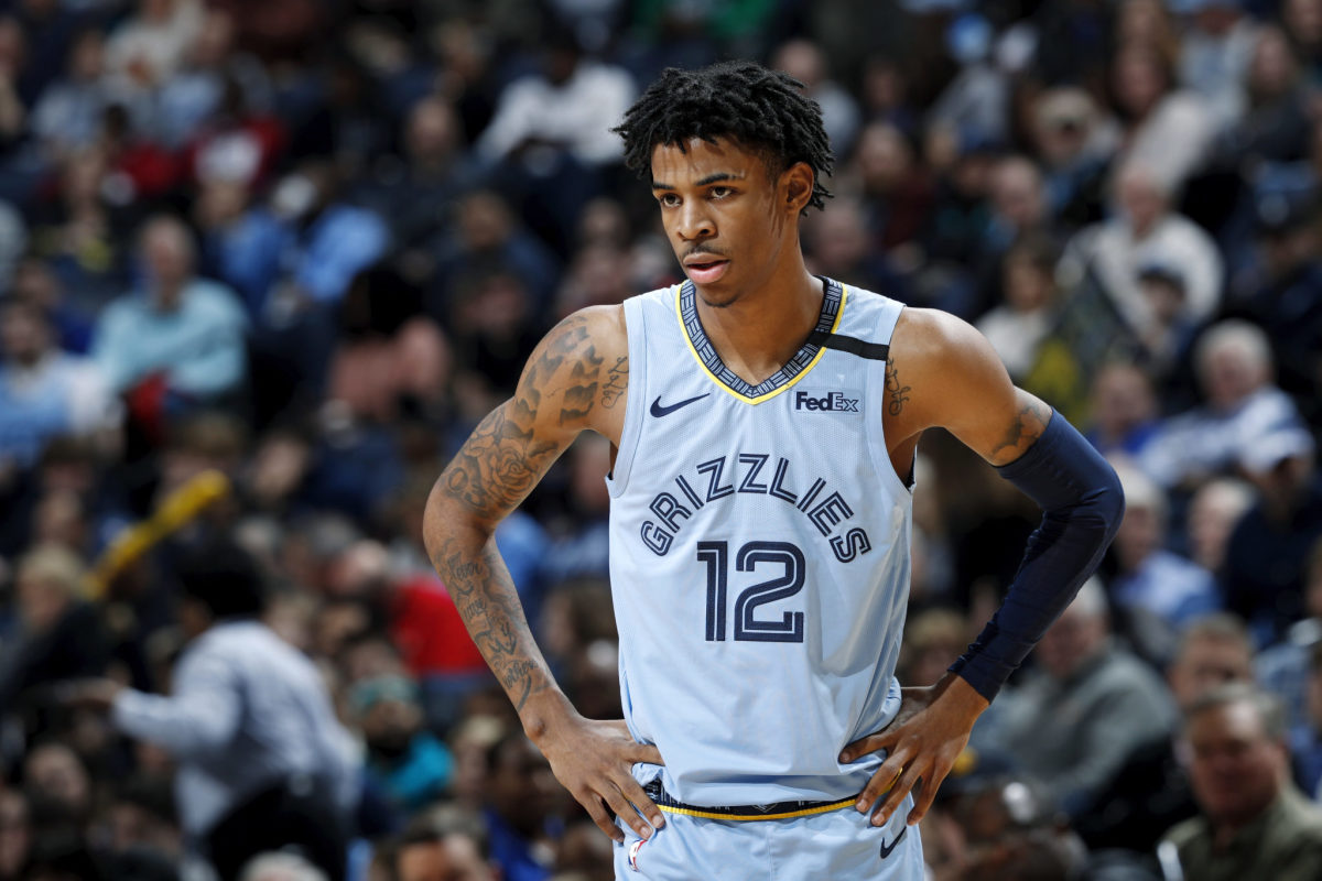 Ja Morant looks on during a game for the Memphis Grizzlies. He was an All-Rookie team member when the NBA announced All-NBA teams for 2020.