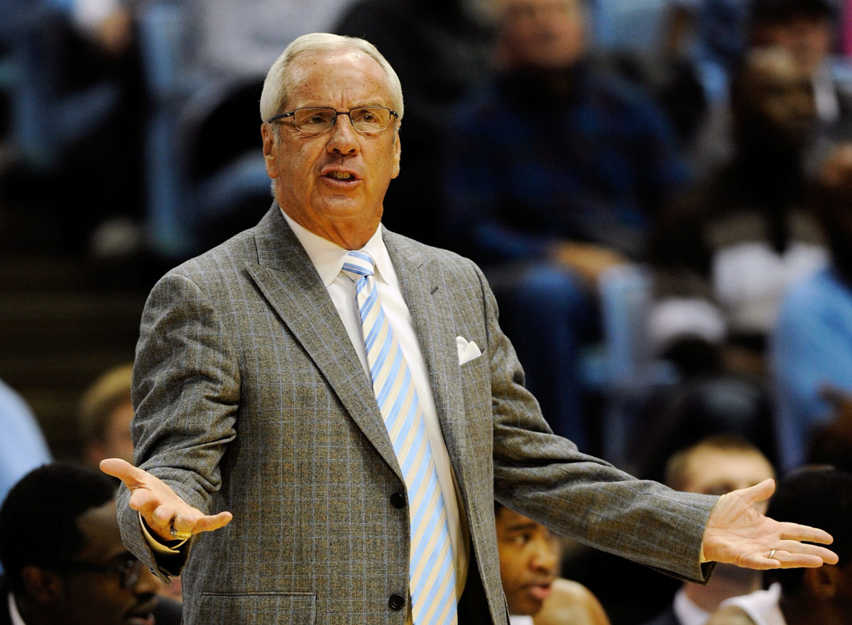 North Carolina basketball coach Roy Williams reacts after a play.